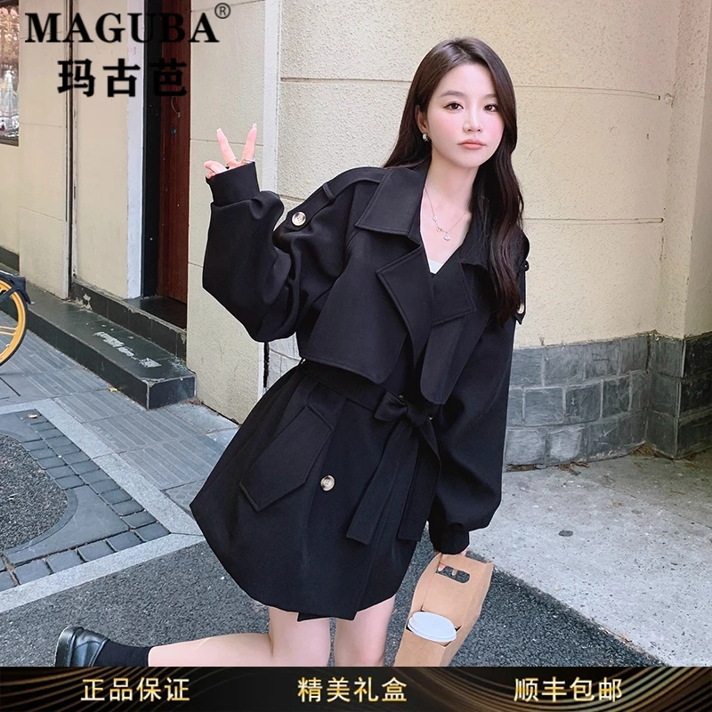 玛古芭女装中长款修身西装领风衣女秋冬新款收腰显瘦休闲大衣外套
