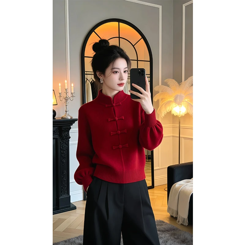 简约百搭纯色针织衫女士2026秋冬新款气质潮流设计感显瘦立领毛衣