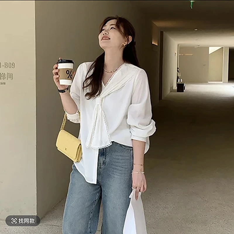 【清】大码法式海军领长袖女春季时尚蕾丝胖MM遮肉显瘦上衣-6716