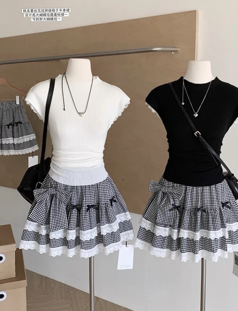 【小白家】春夏季新款黑白格百搭韩系可爱蝴蝶结蕾丝拼接蛋糕裙