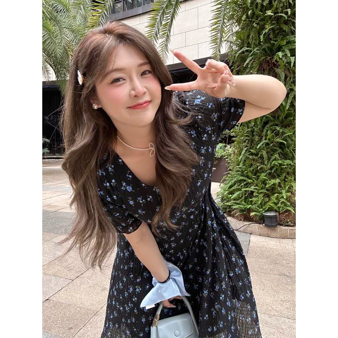 【复古碎花雪纺连衣裙】MsShe大码女2025夏显瘦高端裙子L~Q2504020