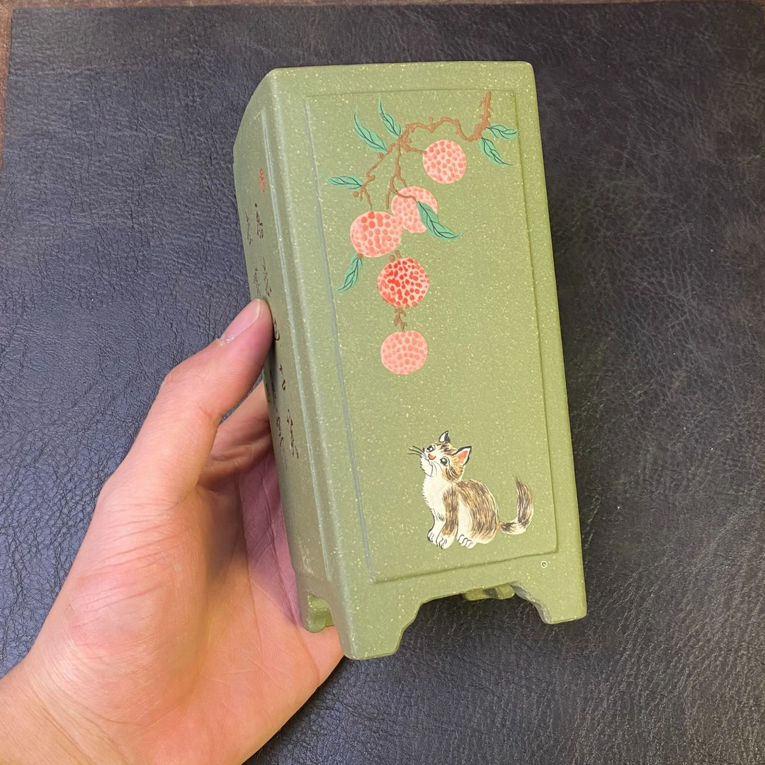 内长6cm-内高14cm手绘小猫咪苹果绿四方签筒紫砂花盆