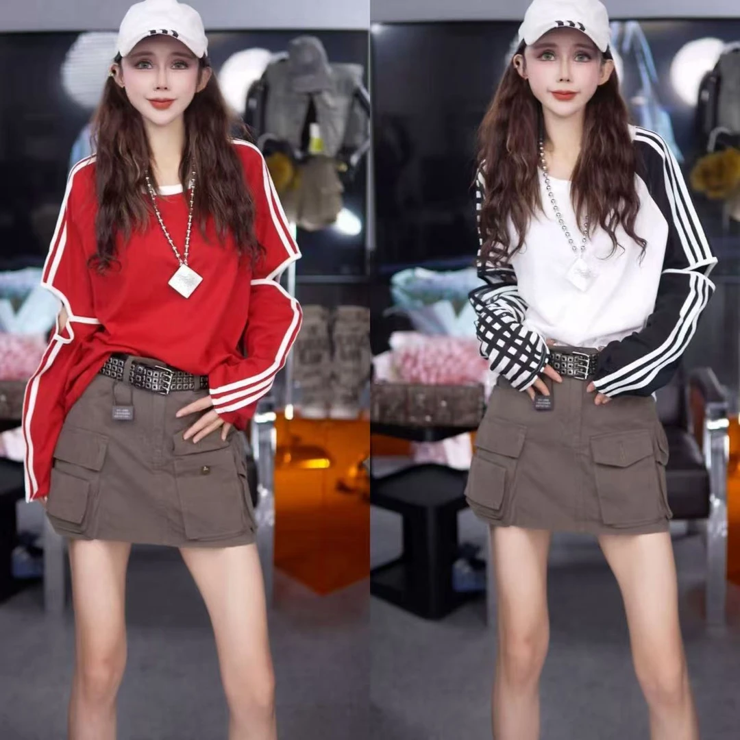 星宝定制设计感拼接三条杠T恤女秋冬新款宽松防晒薄款套头上衣潮