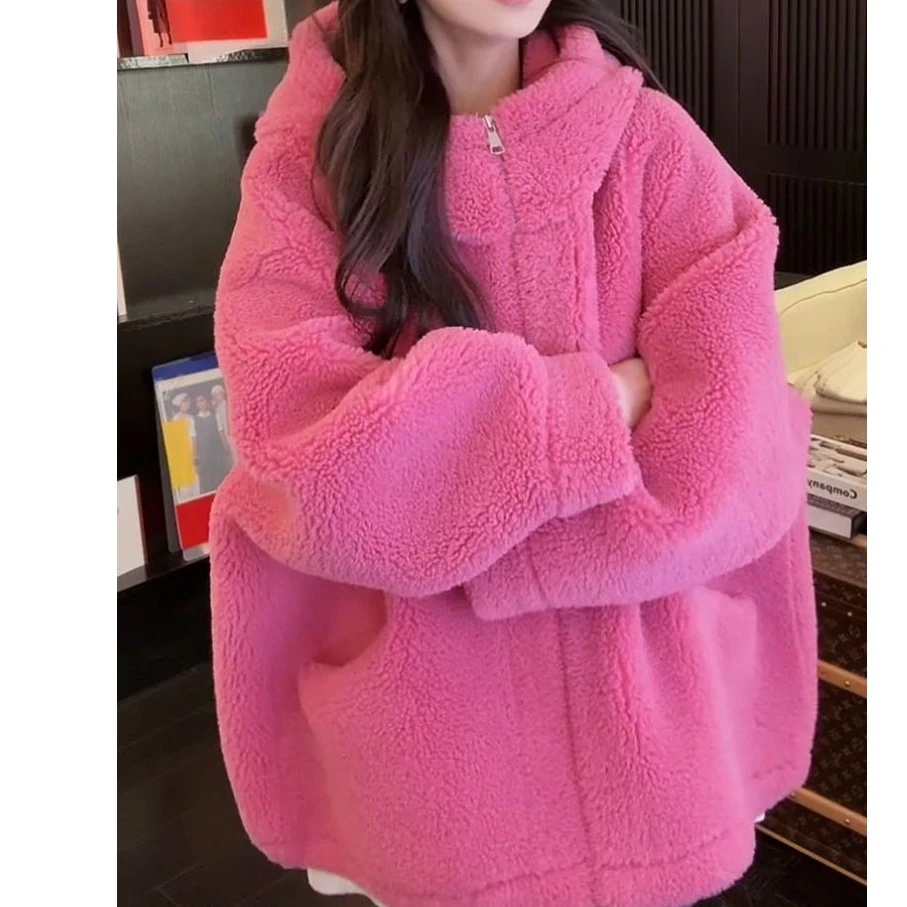 高级感气质羊羔毛外套女装2025年冬季新款宽松保暖连帽拉链上衣