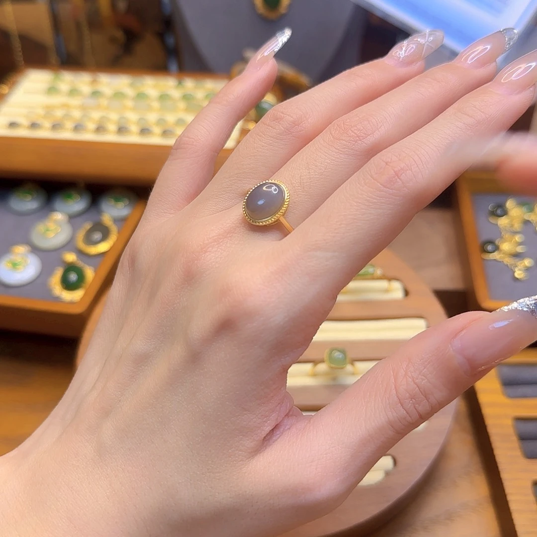 和田玉戒指银S925镀金镶嵌