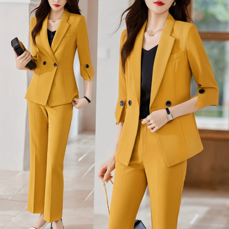 黄色西装套装女时尚韩版职业装气质女神范高级感主持人正装工作服