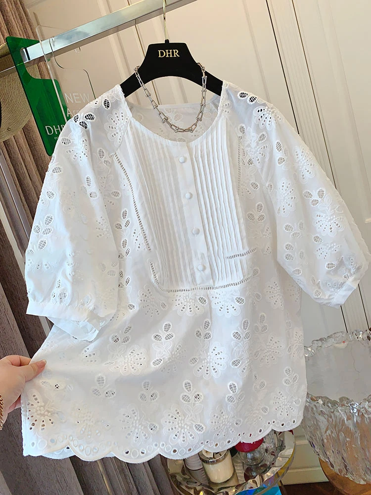 独特超好看法式白色刺绣衬衫泡泡袖娃娃衫宽松上衣女