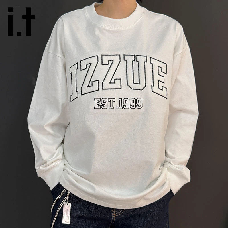 izzue秋季新品潮牌刺绣上衣宽松休闲美式潮流圆领慵懒风情侣卫衣