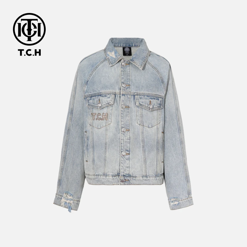 TCH秋款时尚休闲风烫钻淑女浅蓝牛仔外套T75C06E1006轻奢tch