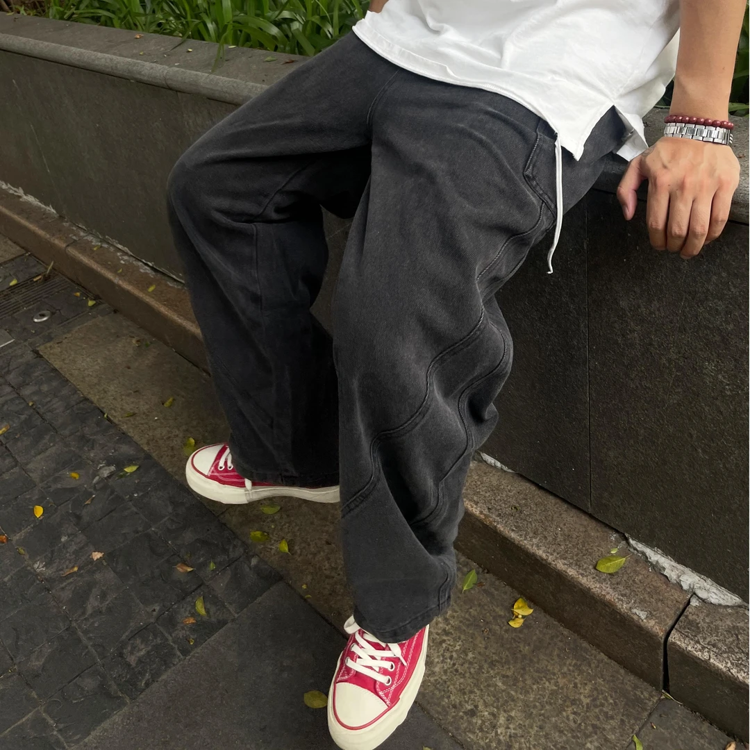 A【廓形黑牛】美式高街复古高级感百搭牛仔裤男士做旧直筒工装长裤