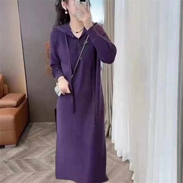 德绒简约连帽衣裙女小众春秋季连帽中长款洋气休闲套头连衣裙女装