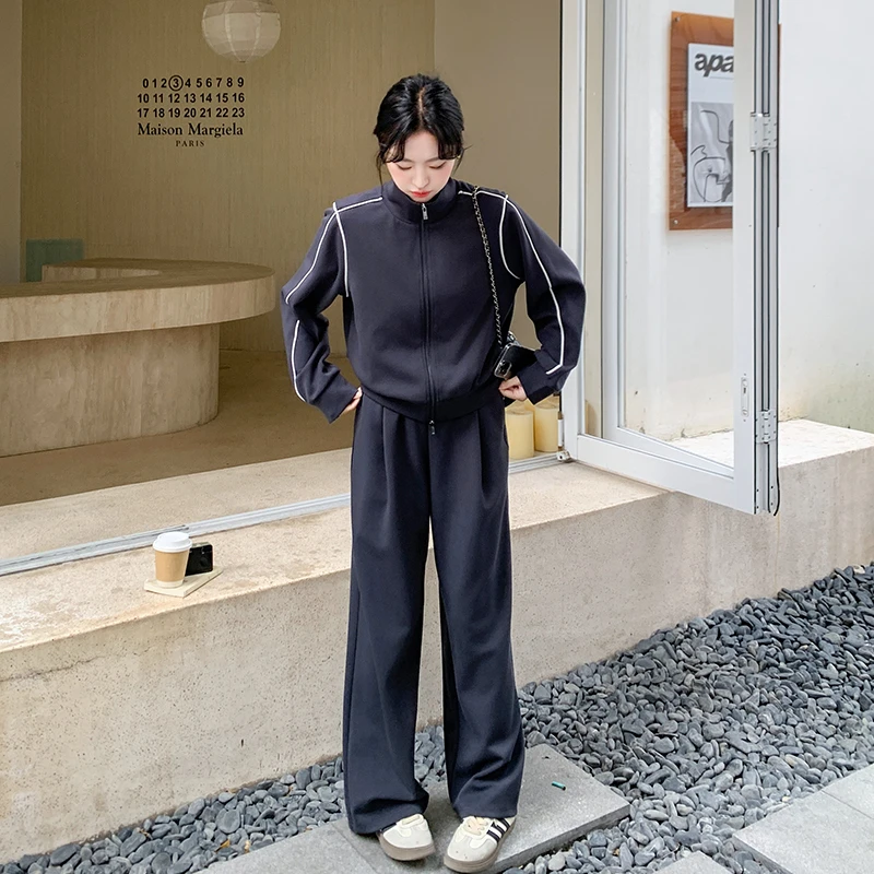 复古休闲运动套装春季一整套ootd穿搭短款立领卫衣阔腿长裤两件套