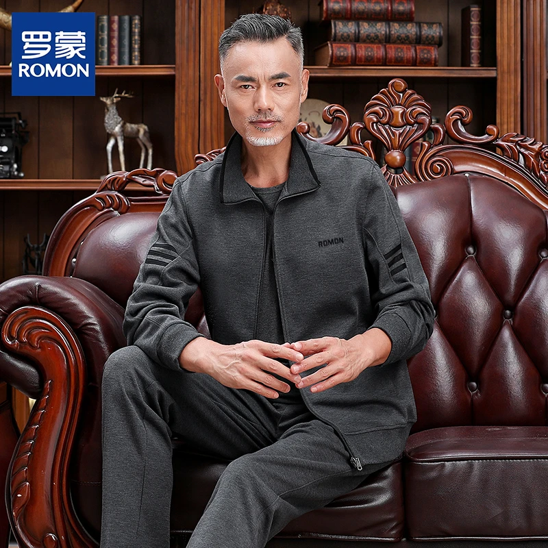 罗蒙中老年爸爸男装春秋立领休闲男士运动服套装宽松老人大码爷爷