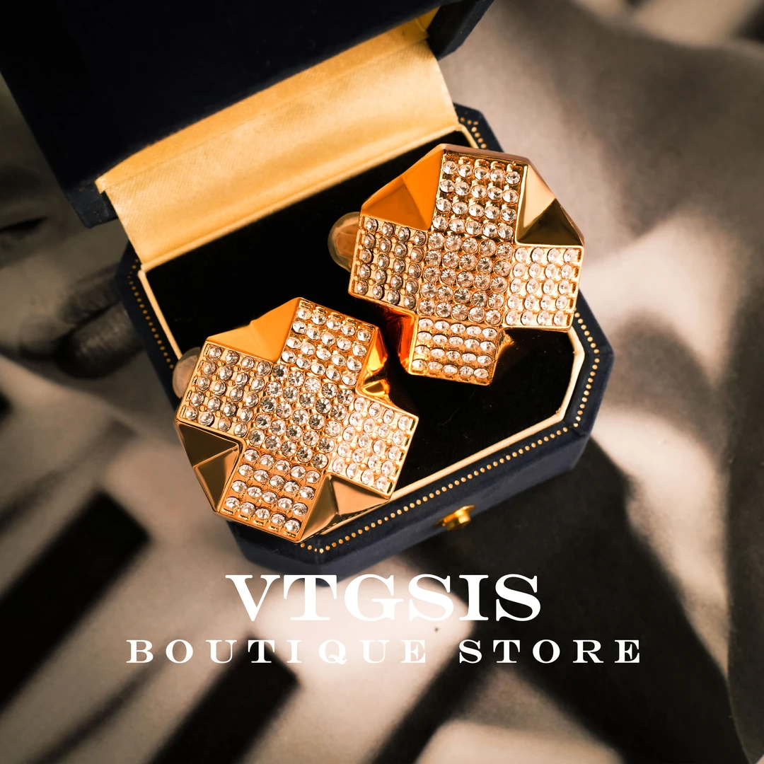 VTGSIS 合金合成锆石耳饰 21868金色十字星痕耳夹显瘦高级【首饰】