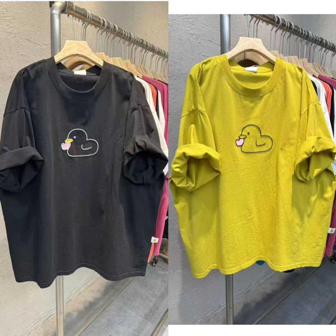 9037夏季新款韩版鸭子拱桥绣花重工宽松大版短袖T恤女