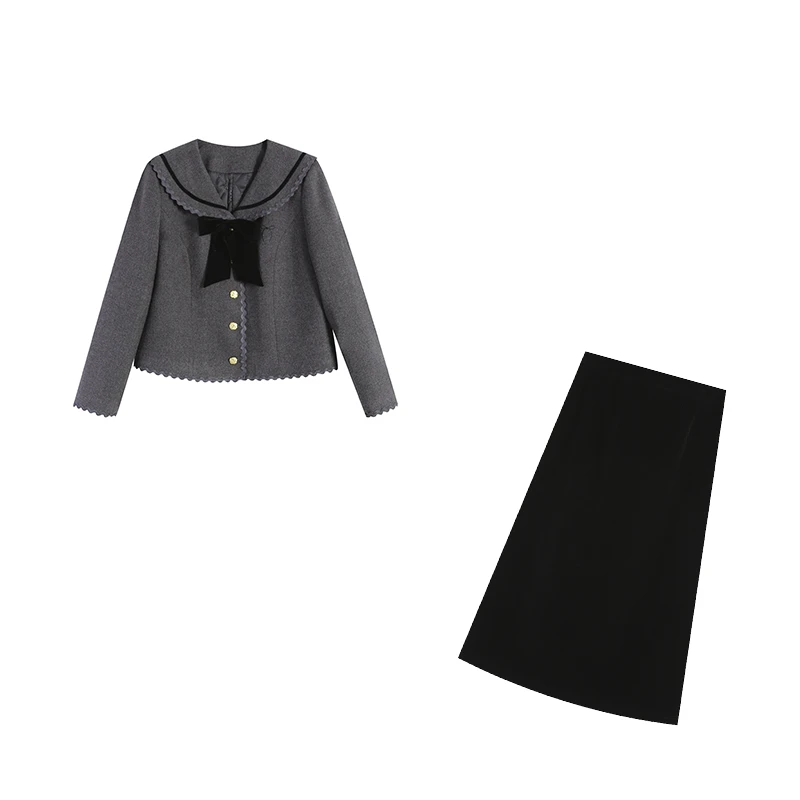 【【五季家】】秋冬小香风气质灰色上衣+黑色长半裙两件套ZL113433