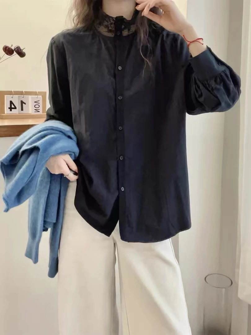 欧洲站2024冬季时尚立领蕾丝拼接单排扣纯色净版韩系百搭衬衫上衣