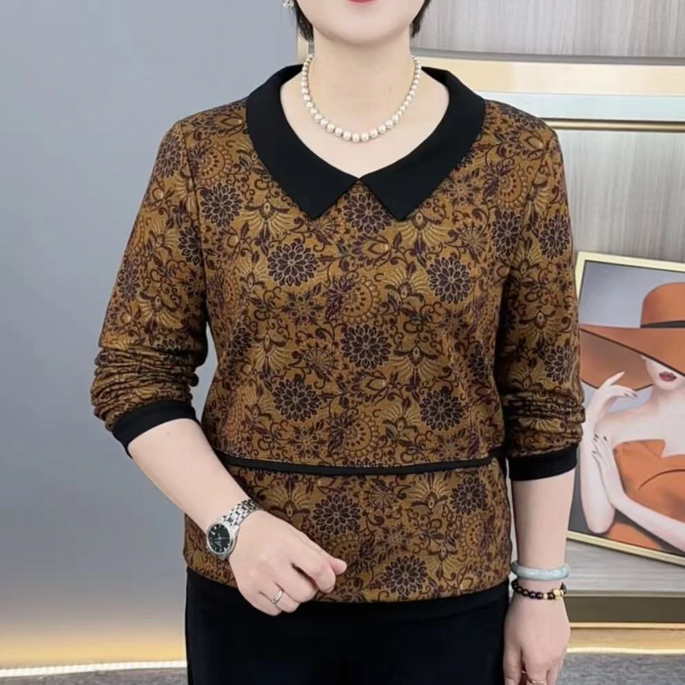 秋季新款时尚娃娃领印花洋气妈妈装显瘦百搭休闲长袖上衣H8121