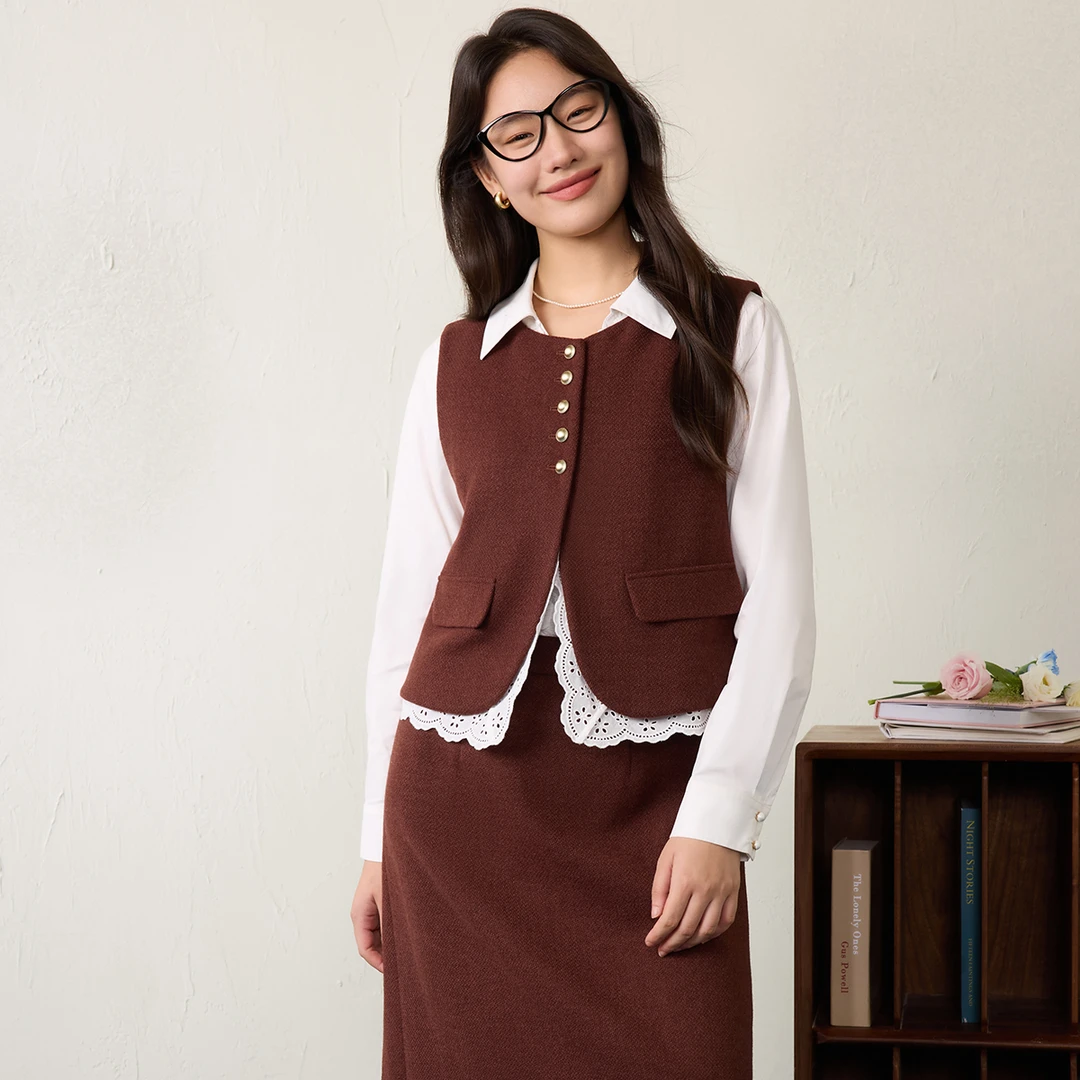 独束微胖大码女装简约复古蕾丝拼接马甲两件套25DS81086/81139