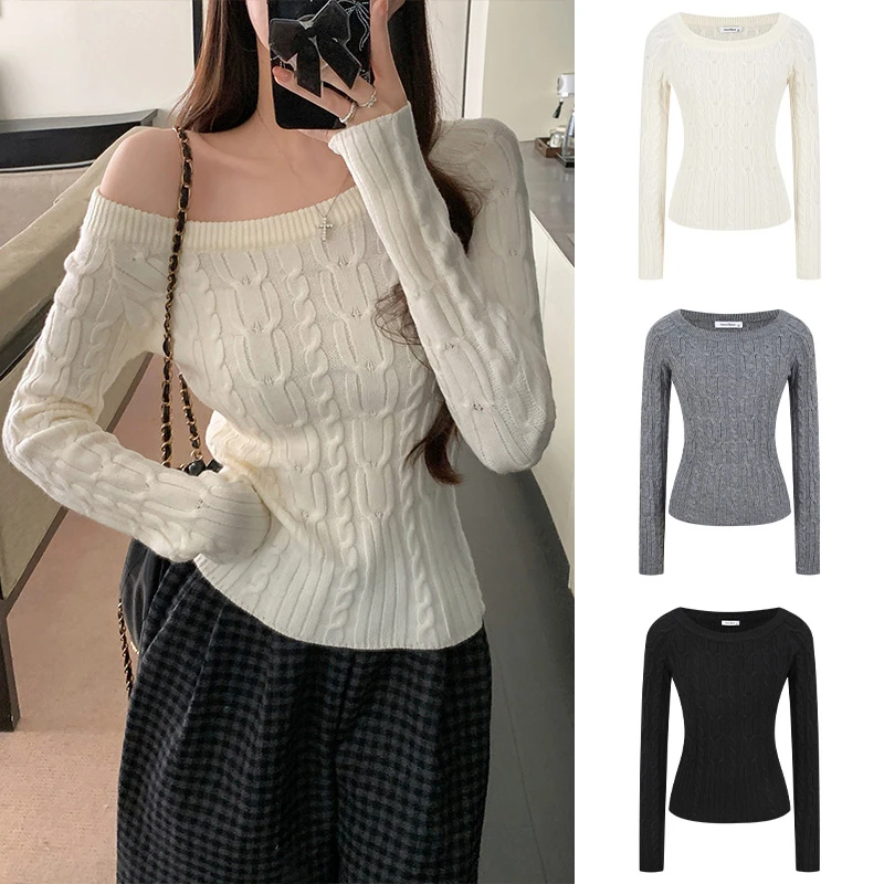 Moses Queen/魔西女王辣妹斜领针织上衣复古麻花掐腰显瘦长袖T恤