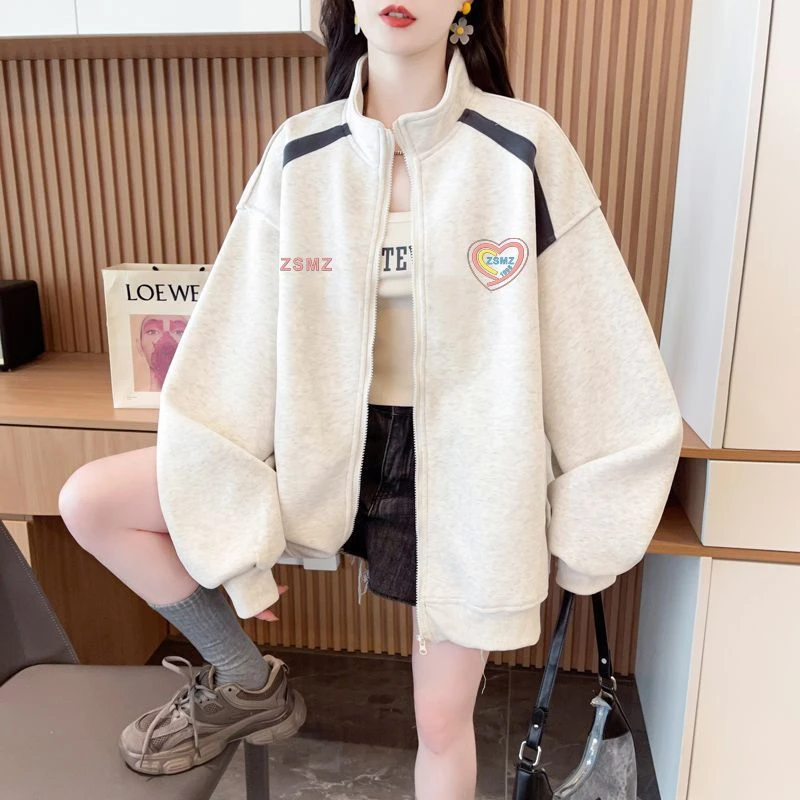 300斤特大码ins撞色拼接休闲立领卫衣情侣款秋季复古宽松开衫外套