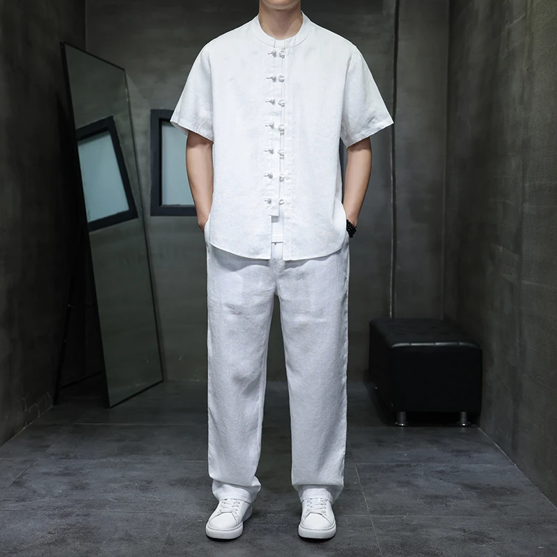 100%纯亚麻套装新中式复古唐装衬衫两件套中国风夏季男士薄款一套