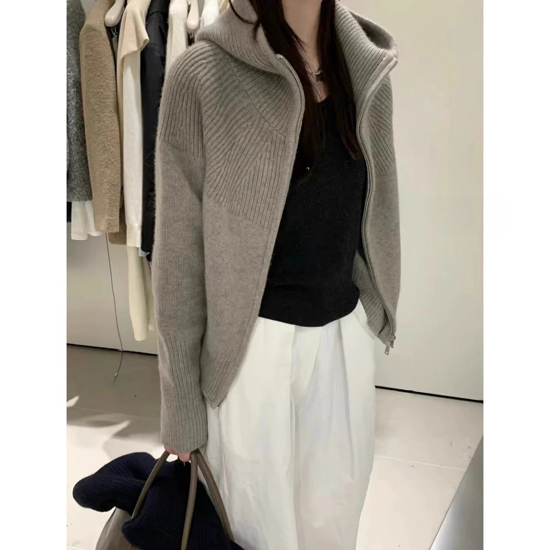 竖坑条螺纹帽衫」版型巨好！时尚双拉链欧货连帽针织毛衣女秋冬新款