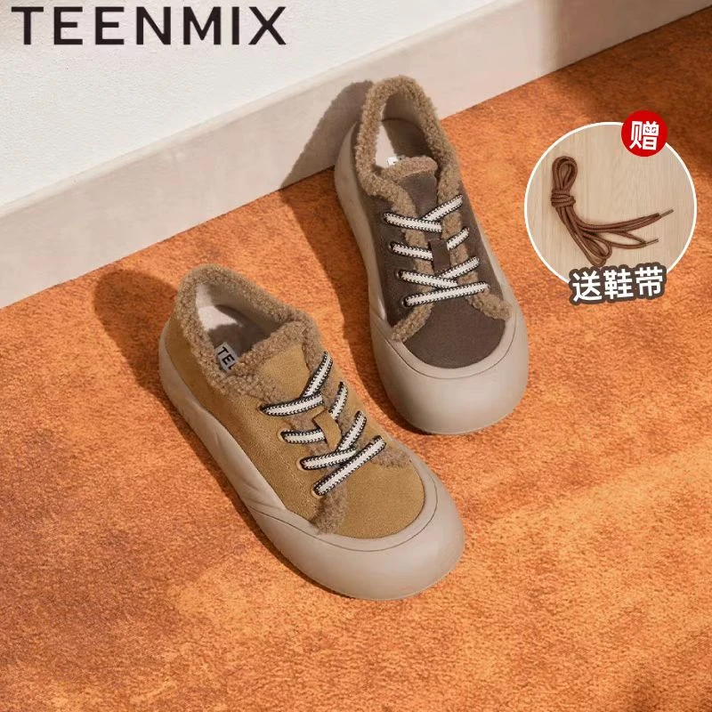 天美意2025春季新款毛绒保暖休闲运动休闲复古增高女板鞋KMZ18AM5