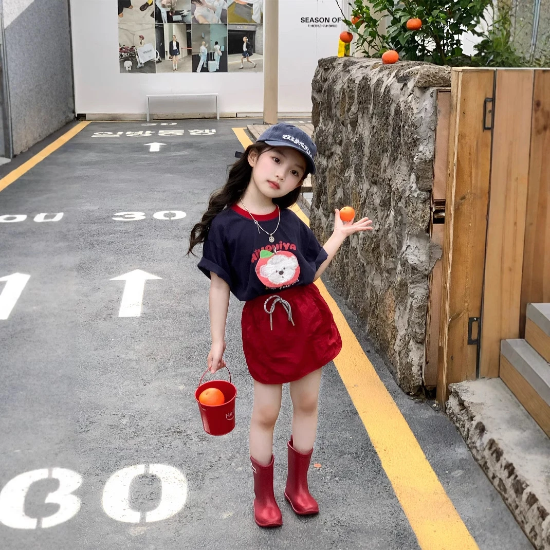 2025夏季新款女童洋气卡通小狗短袖T恤+系带半身裙夏装女童套装