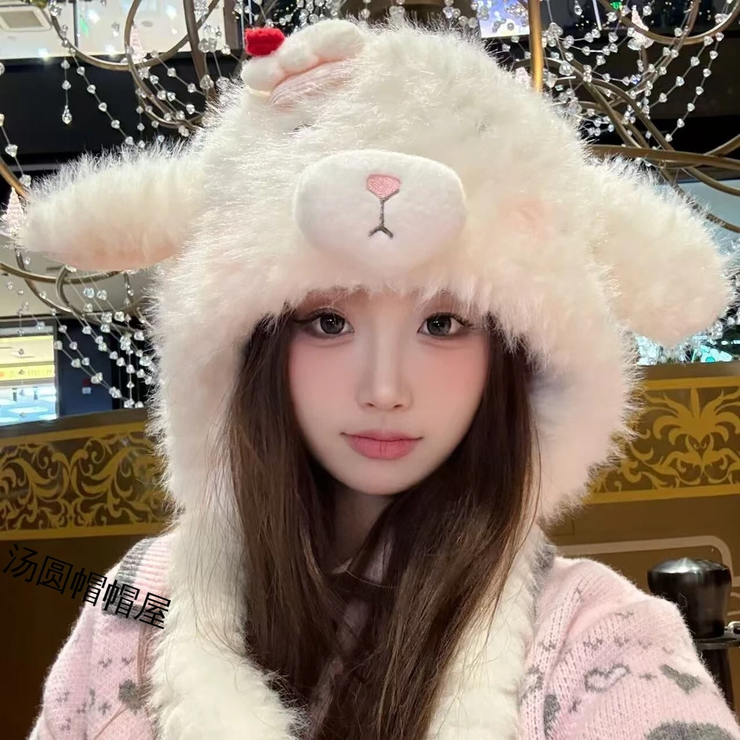 可爱卡通耳朵会动小羊加厚保暖毛绒帽子女冬季防寒护耳网红帽子
