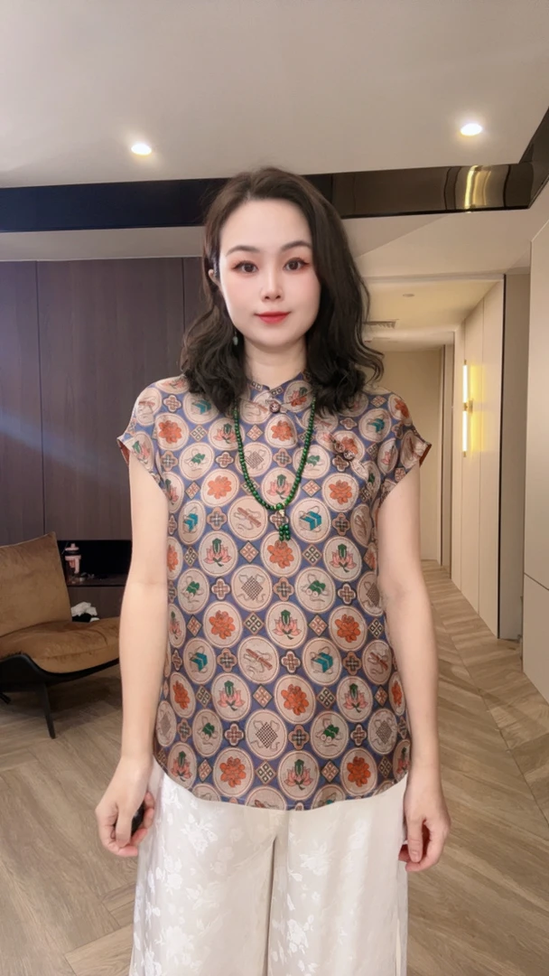 25009花色底圆形文房四宝琴棋书画样样精通国风上衣m60