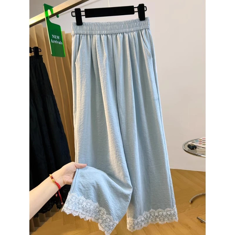 2025年夏季新款宽松蕾丝花边山本阔腿裤女薄款凉感休闲九分直筒裤