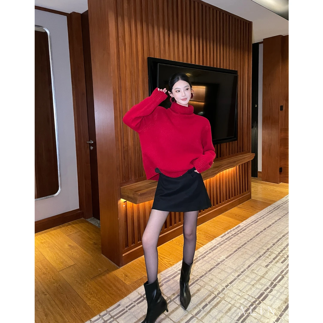 ALIN【浆果】新年安可拉红100%羊毛罗纹收边毛衣女宽松内搭AL5PZS38