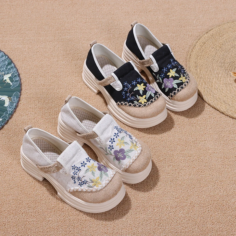 5厘米刺绣渔夫懒人鞋加厚底舒适透气开车办公室一脚蹬女士布鞋