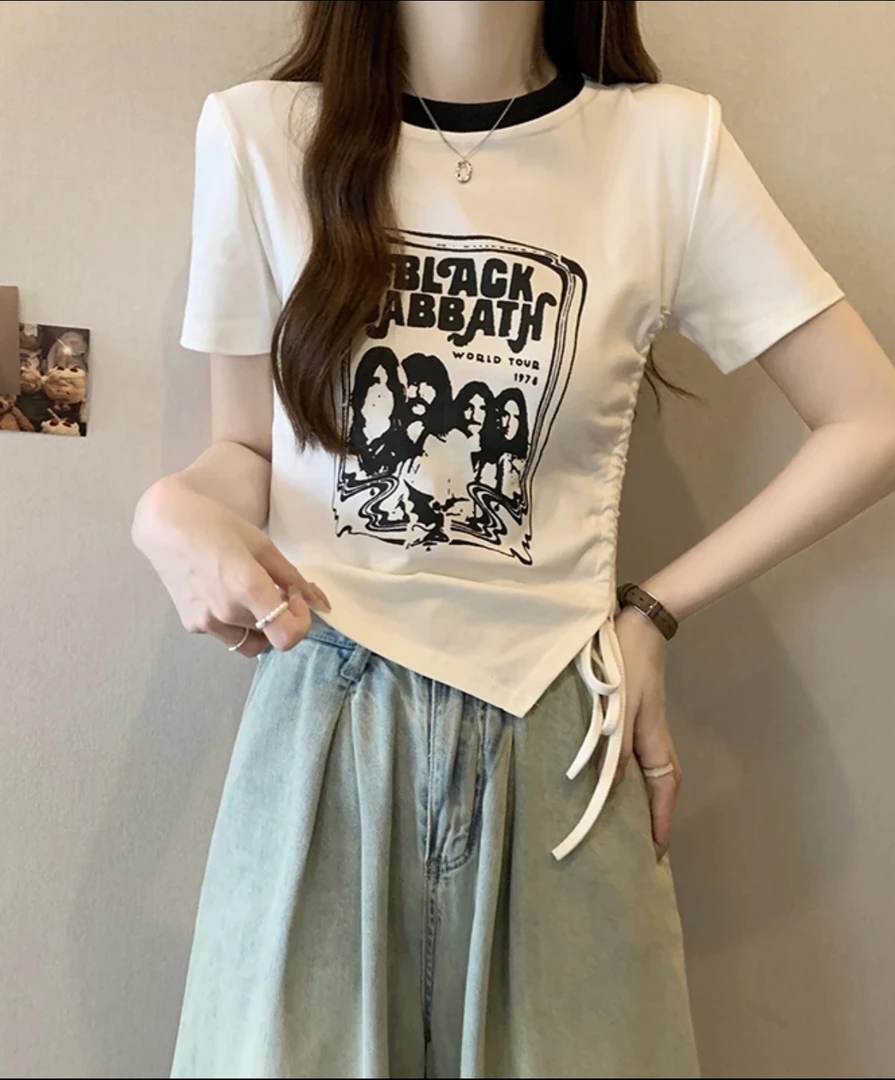 抽绳短袖正肩短袖t恤女夏季设计感修身上衣A211