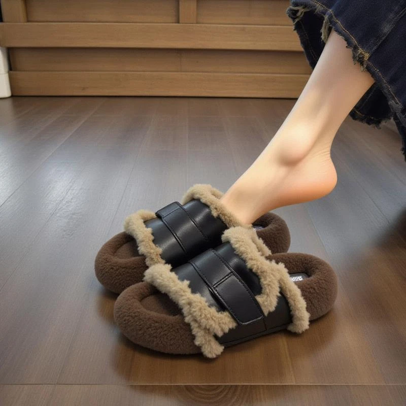 羊皮厚底毛毛拖鞋女秋冬外穿2025新款真皮复古法式皮带扣棉拖鞋