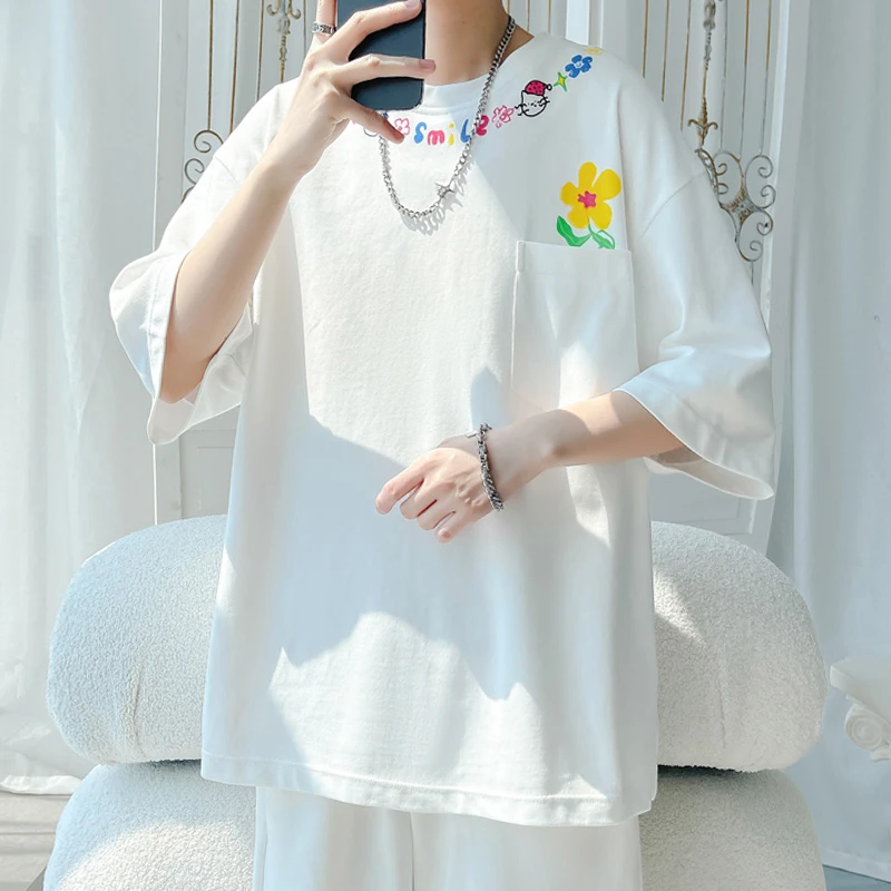 短袖T恤男士夏季休闲印花宽松圆领潮牌透气运动2024年打底衫半袖