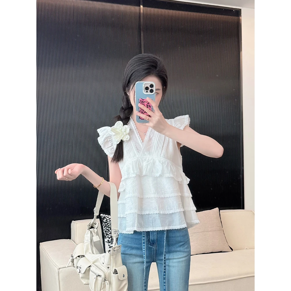 王家有鱼2025夏款衬衫荷叶袖休闲欧若风清新百搭显瘦上衣爆款女W