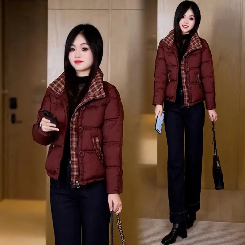 短款格子拼接小香风棉服女2024冬季修身时尚显瘦小个子棉袄外套