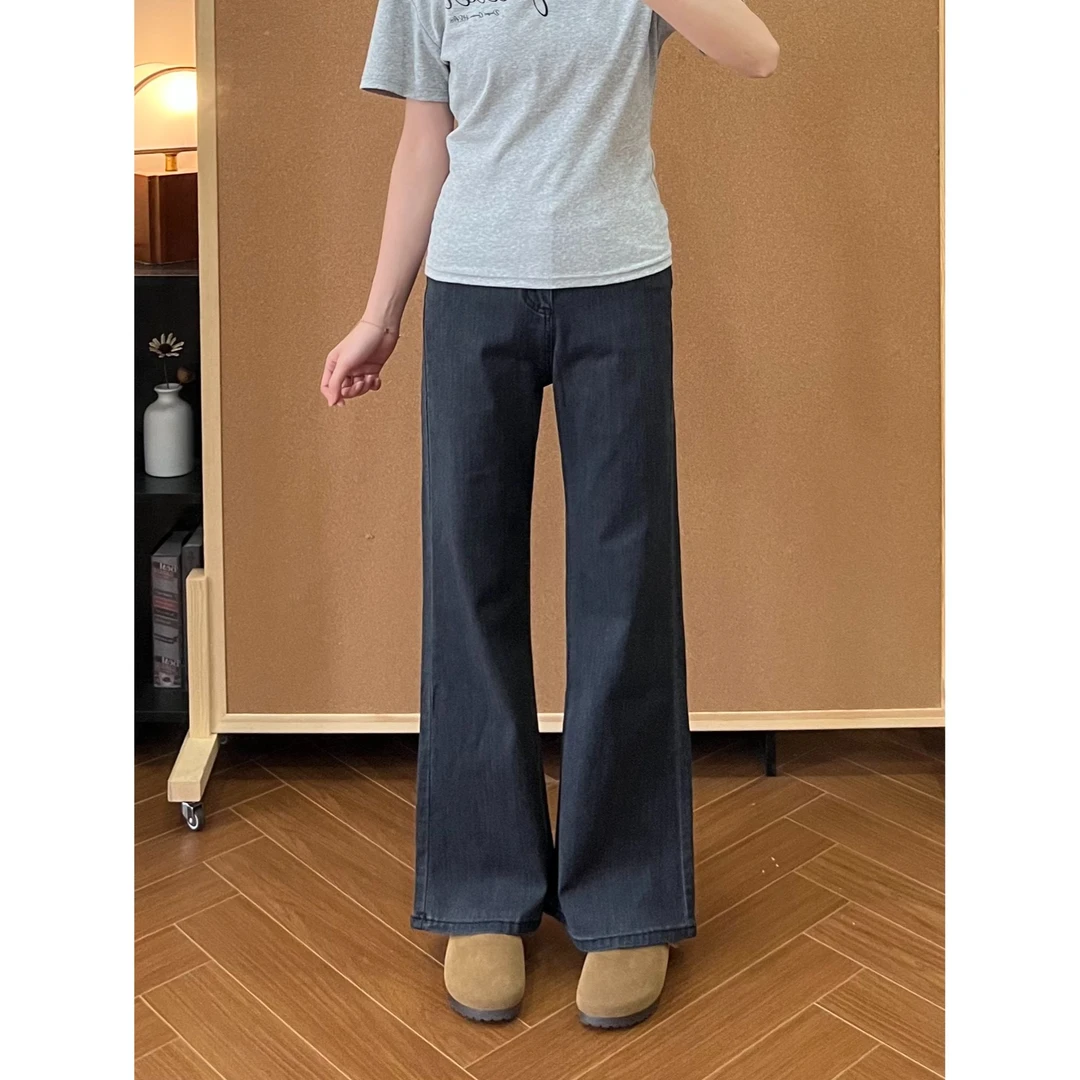 黑灰色弹力显瘦微喇牛仔裤女早秋大码胖mm不挑身材腿粗遮肉喇叭裤