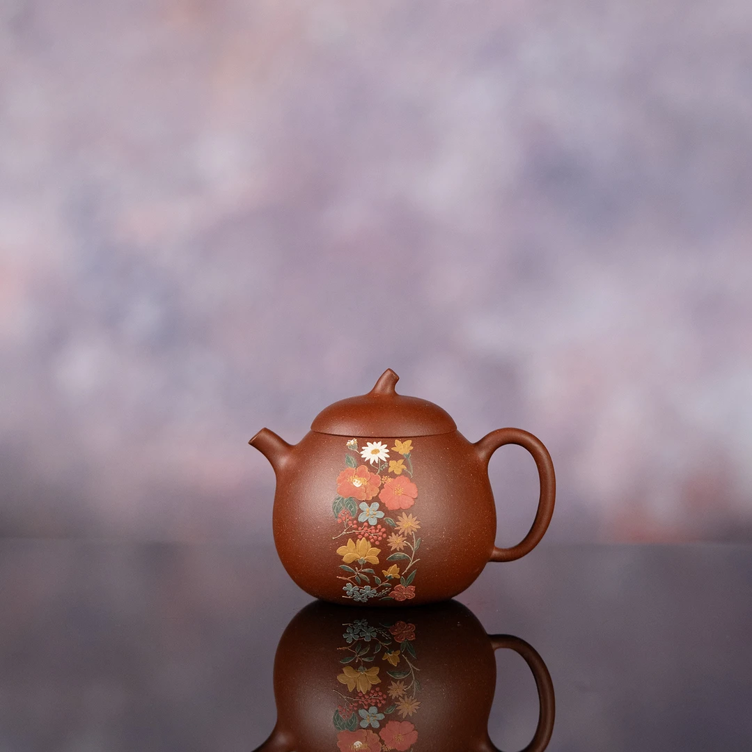 【利贞l茄瓜-四时花卉】原矿紫泥 约130cc 手工制 紫砂壶 茶具XYCL