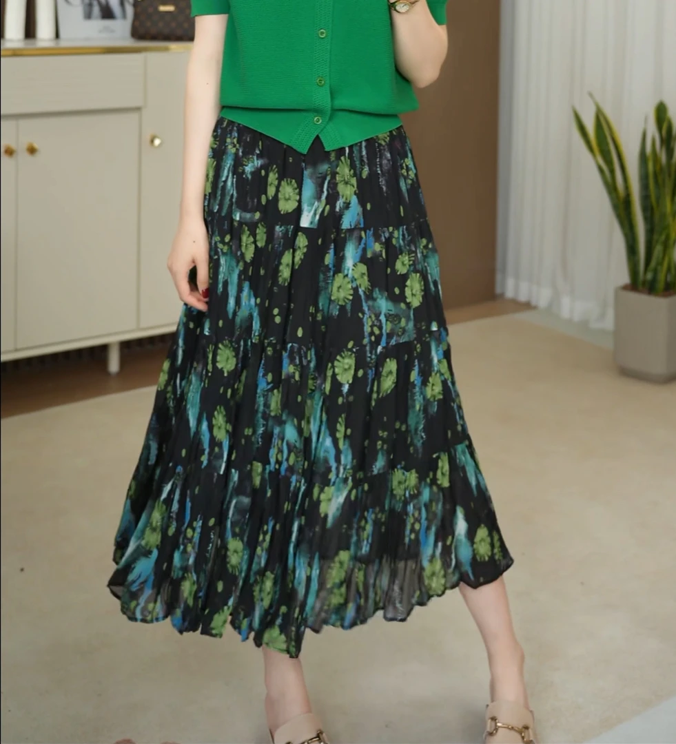 【清野绿荷】夏日新款高腰松紧弹力碎花压褶半身裙