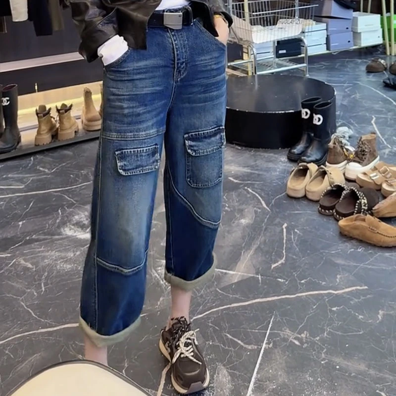 2025秋季新款九分直筒牛仔裤女显瘦遮肉哈伦裤大码遮肉洋气工装裤