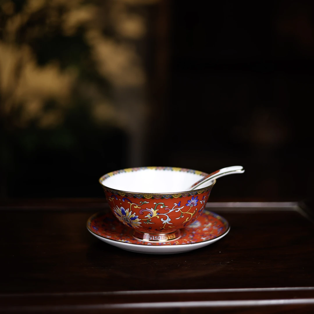 【老王】三件套-中国红（4.5英寸碗+6英寸骨碟+小勺）