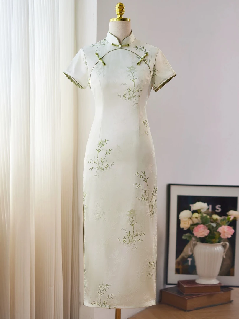 391 年轻款圆襟长款|亭台竹|旗袍