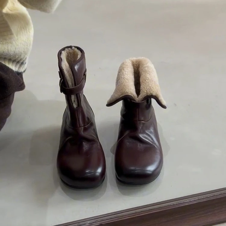 羊皮版~复古棕色真皮加绒勃肯棉靴女皮带扣内增高时髦小众雪地靴