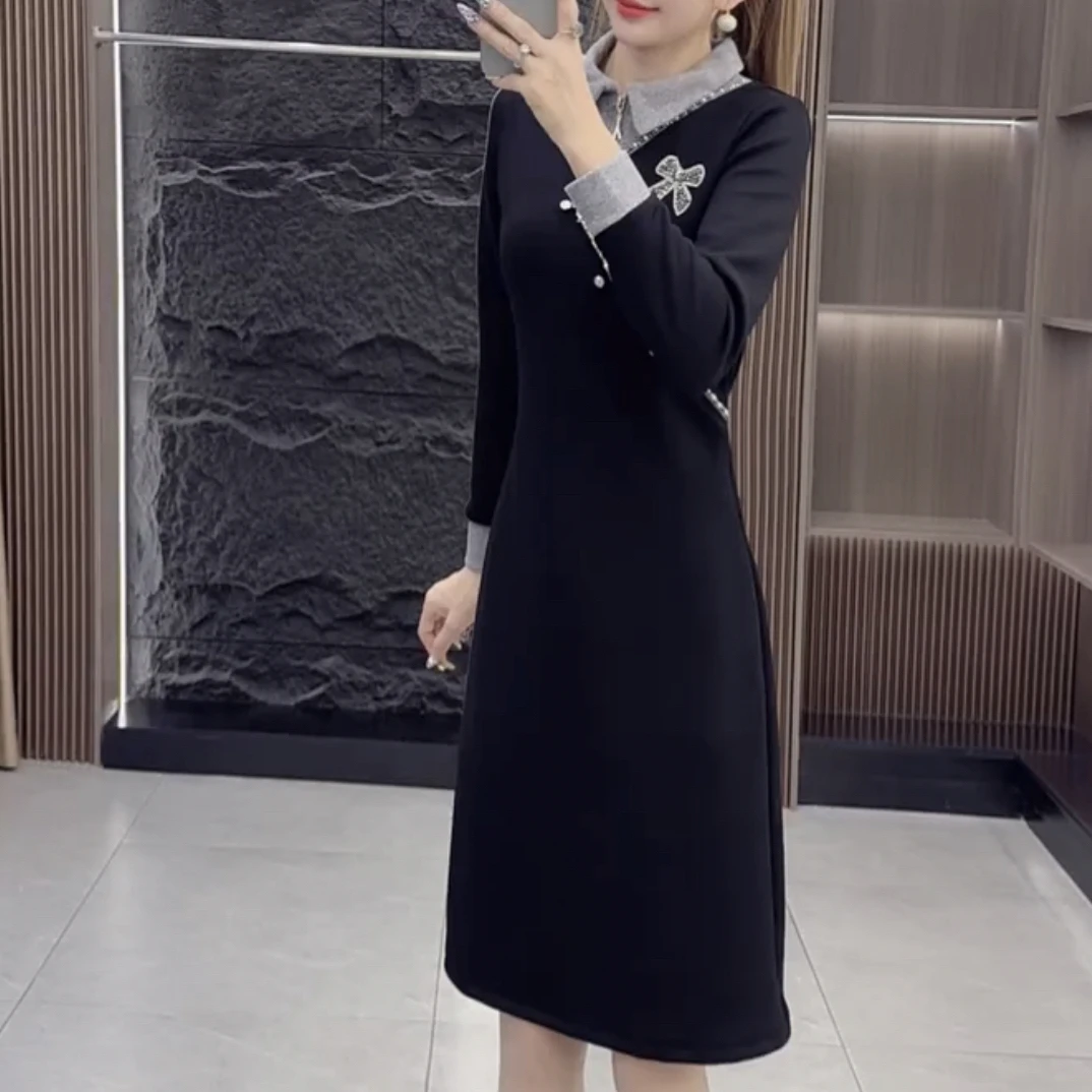 冬季新款小香风拼接长袖收腰显瘦气质名媛时尚连衣裙