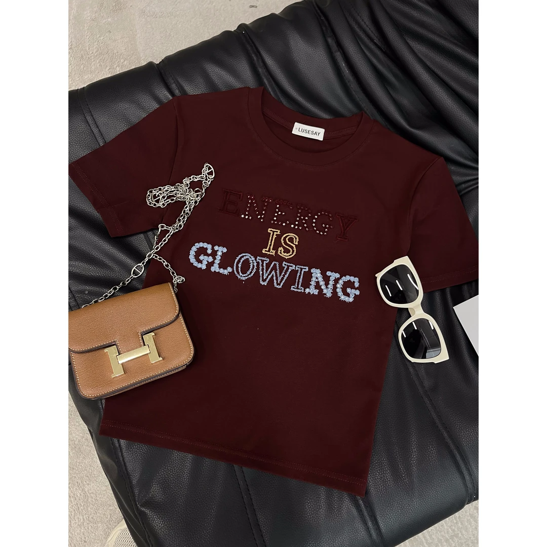 LUSESAY 绒毛绣字母设计感 2025夏季新款显瘦休闲短袖T恤圆领上衣