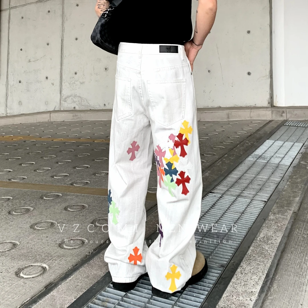 CH潮牌十字架贴皮设计感美式牛仔裤男款高街vibe高级感宽松直筒裤