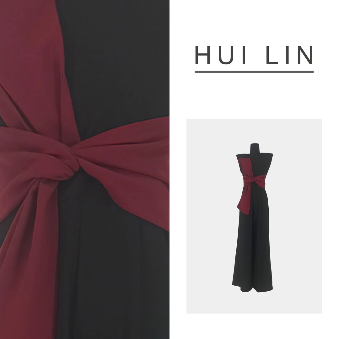 【夏季新款】原创设计拼接撞色蝴蝶结收腰直筒连体裤【25611】